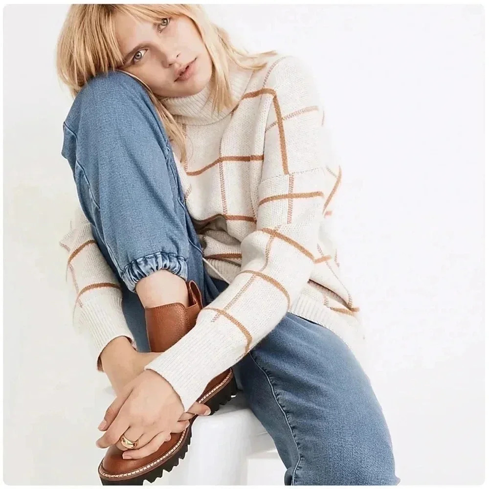 MADEWELL | Cotton&Merino Blend Pearldale Turtleneck Sweater in Windowpane Size S